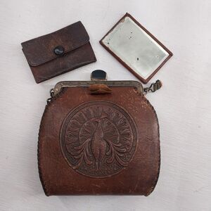 Vintage Leather Hand Tooled Peacock Reedcraft Small Purse Wallet Hand Bag Clutch